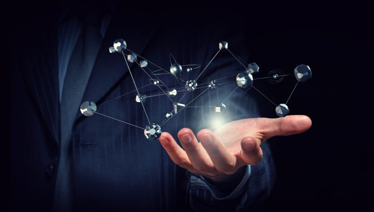 Businessman hand demonstrating digital connection lines in palm. 3D rendering